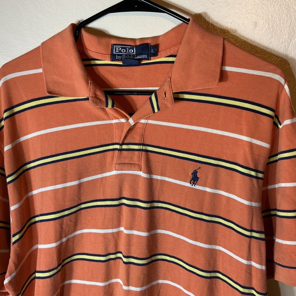 Men’s Polo Ralph Lauren Orange Golf Shirt Short Sleeve Orange Yellow Navy Stripe